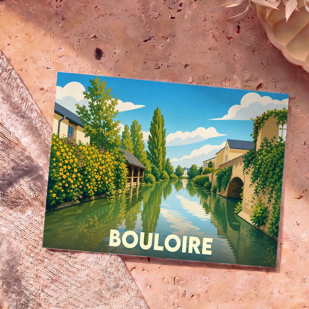 Carte postale souvenir de la ville de Bouloire illustrant un paysage de canal paisible au style graphique épuré.
