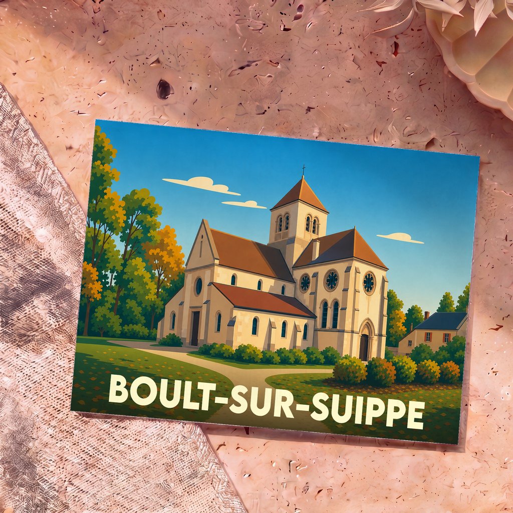 Carte postale souvenir de la ville de Boult-sur-Suippe avec une illustration stylisée de son église.