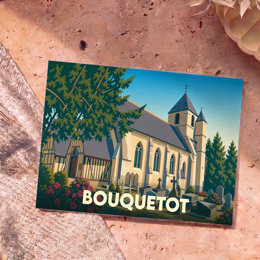 Carte postale souvenir de la ville de Bouquetot avec une illustration stylisée de son église et de son cimetière.