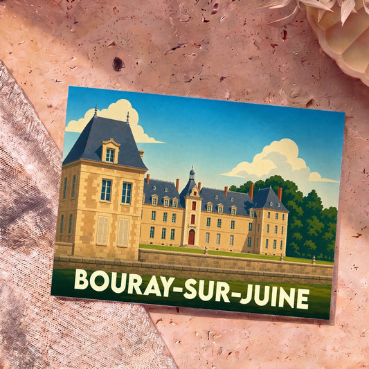 Carte postale souvenir de Bouray-sur-Juine illustrant son château dans un style graphique épuré.