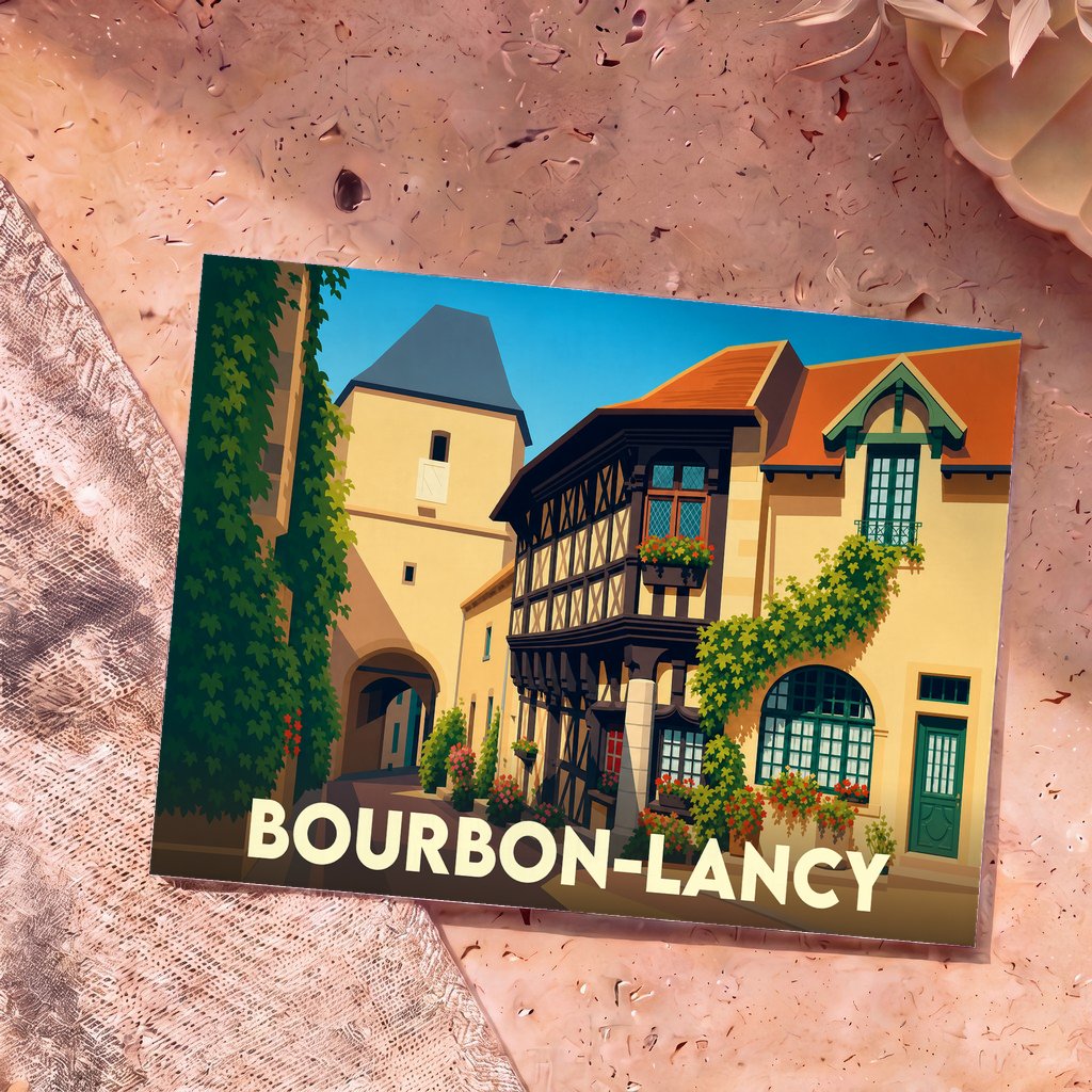 Carte postale souvenir de la ville de Bourbon-Lancy avec une illustration stylisée d'une rue historique.