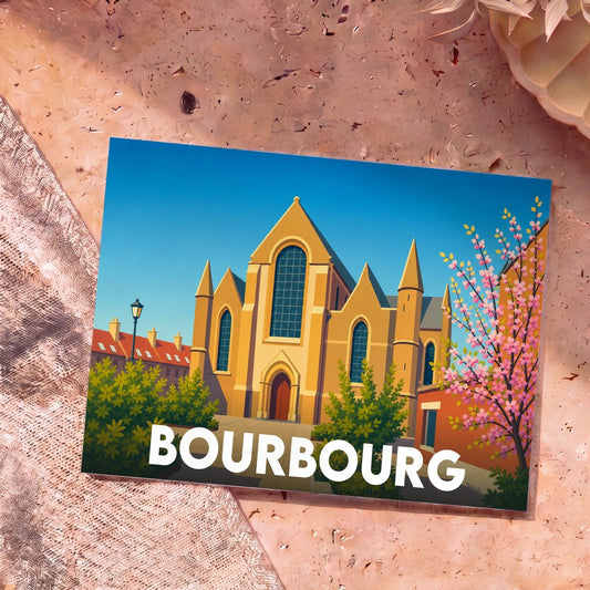 Carte postale souvenir de la ville de Bourbourg avec une illustration stylisée d'un monument historique.