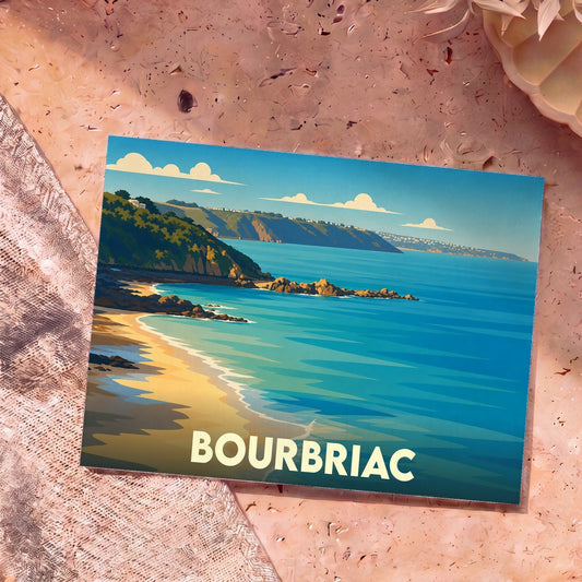 Carte postale souvenir de la ville de Bourbriac illustrant un bord de mer stylisé aux couleurs estivales.