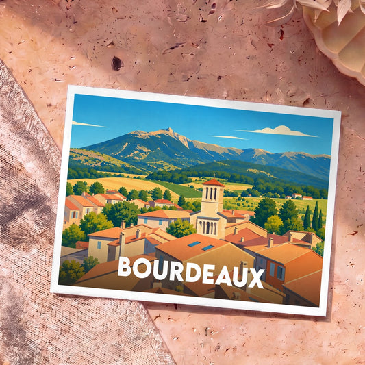 Carte postale souvenir de la ville de Bourdeaux avec une illustration stylisée d'un village de montagne.