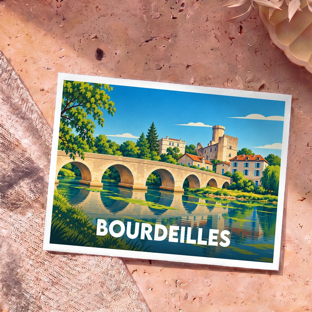 Carte postale souvenir de la ville de Bourdeilles présentant une illustration stylisée de son pont et de son château.