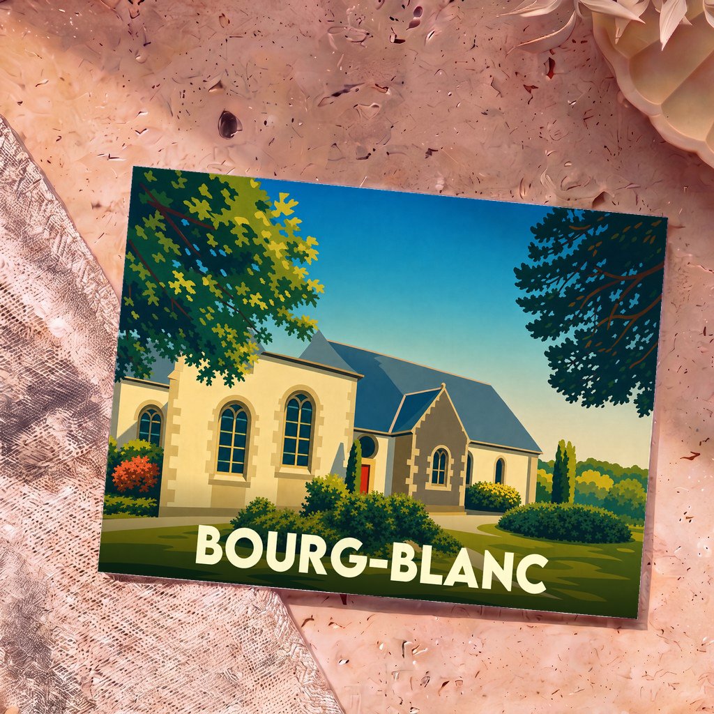 Carte postale souvenir de la ville de Bourg-Blanc avec une illustration stylisée de son église sous un ciel bleu.