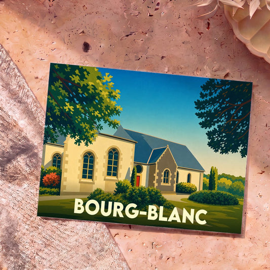 Carte postale souvenir de la ville de Bourg-Blanc avec une illustration stylisée de son église sous un ciel bleu.