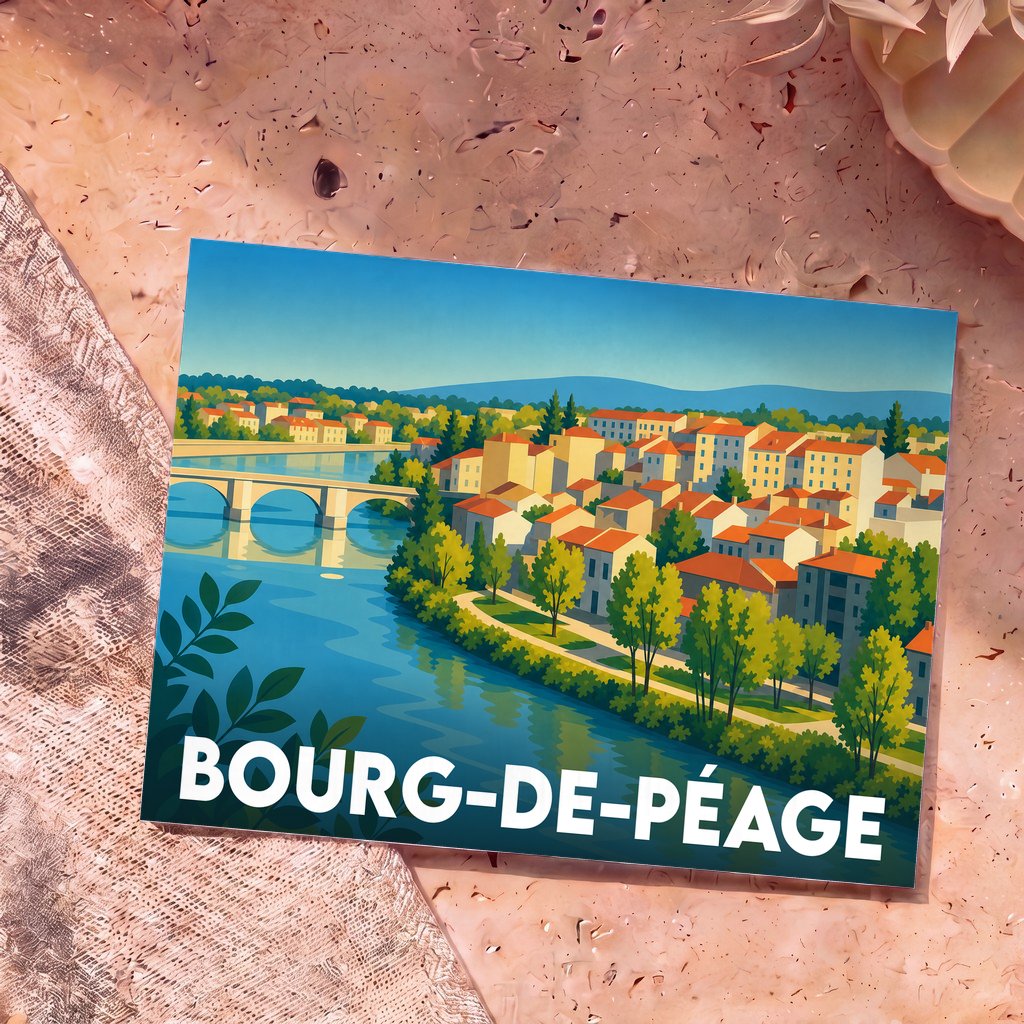 Carte postale souvenir de la ville de Bourg-de-Péage illustrant les bords de l'Isère dans un style graphique épuré.