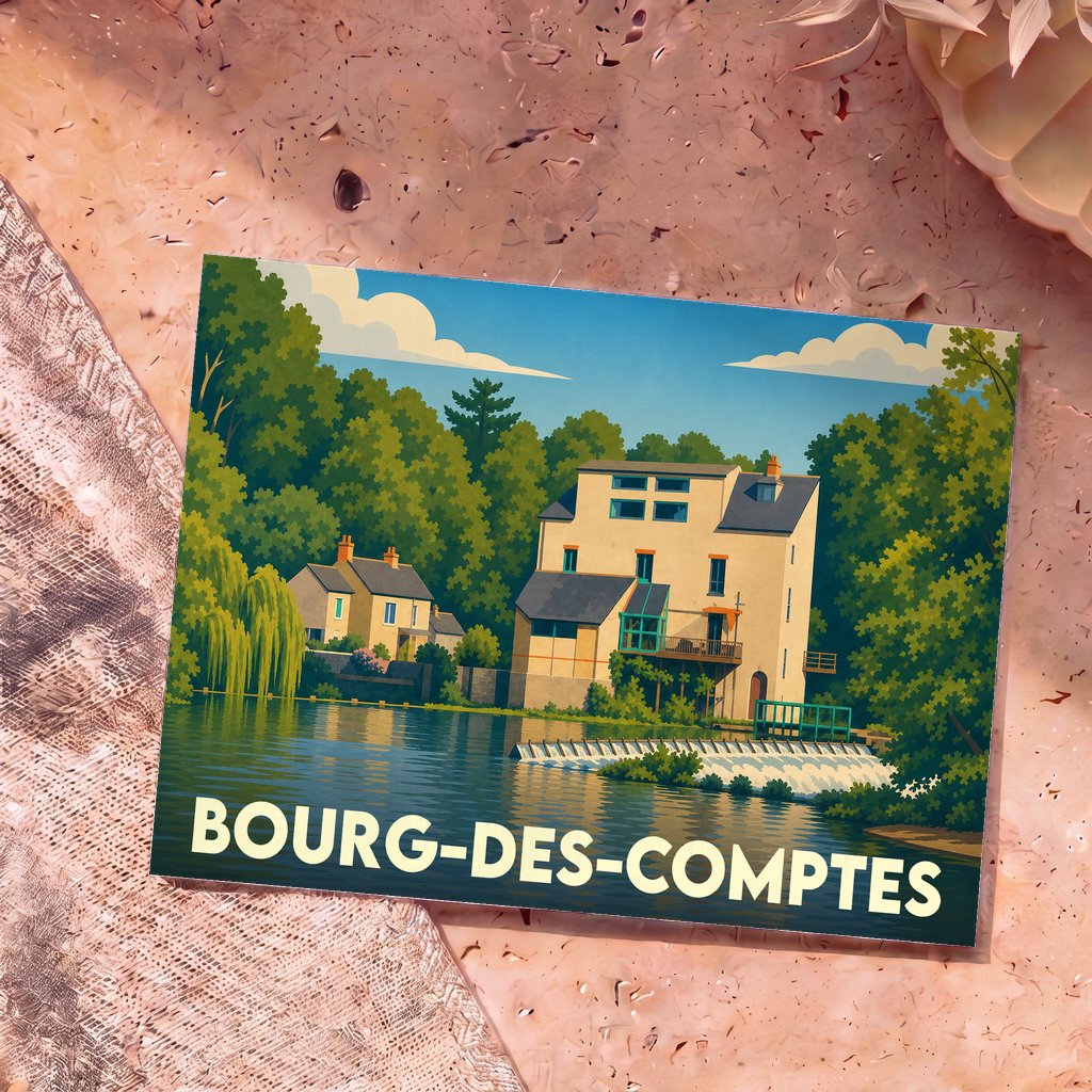 Carte postale souvenir de la ville de Bourg-des-Comptes avec une illustration stylisée d'un moulin au bord de l'eau.