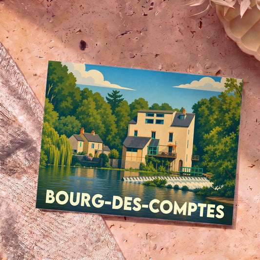 Carte postale souvenir de la ville de Bourg-des-Comptes avec une illustration stylisée d'un moulin au bord de l'eau.