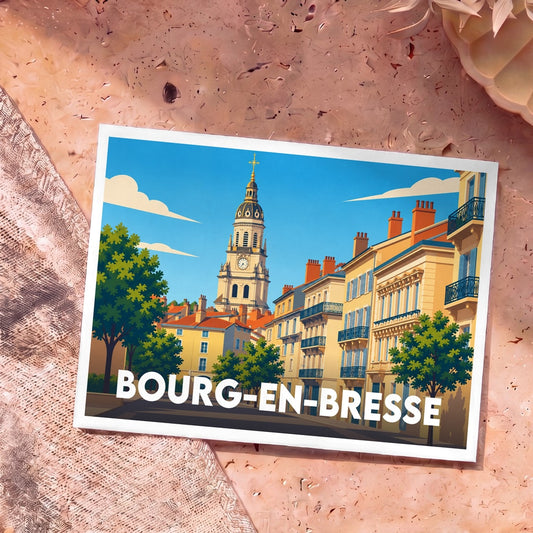Carte postale souvenir de la ville de Bourg-en-Bresse avec une illustration stylisée de son architecture emblématique.