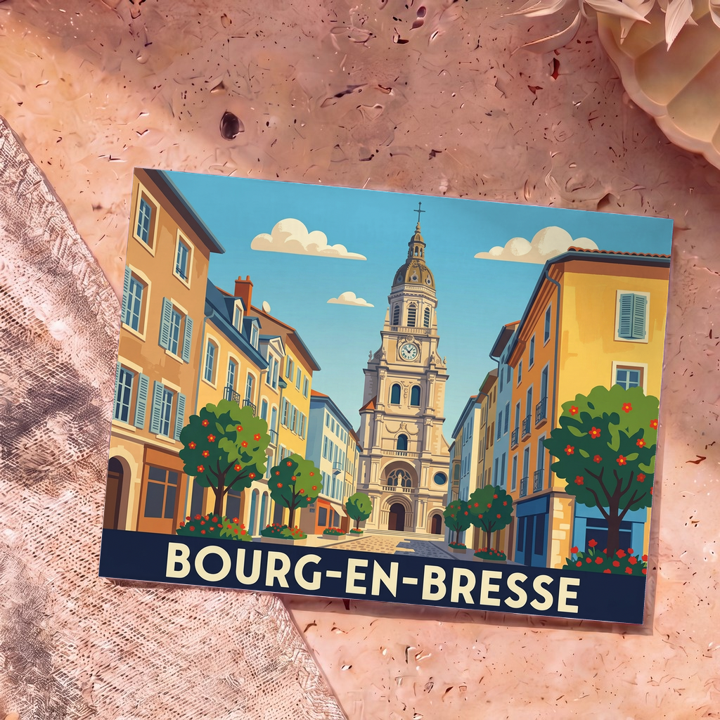 Carte postale souvenir de la ville de Bourg-en-Bresse avec une illustration stylisée de son église et de ses rues colorées.