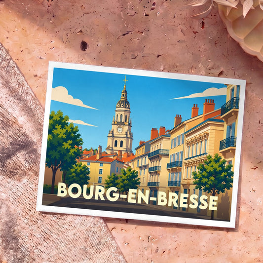 Carte postale souvenir de la ville de Bourg-en-Bresse avec une illustration stylisée de son architecture emblématique.