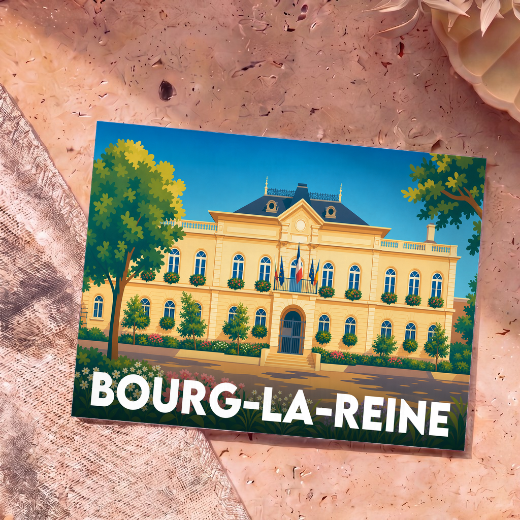 Carte postale souvenir de la ville de Bourg-la-Reine avec une illustration stylisée de son hôtel de ville.