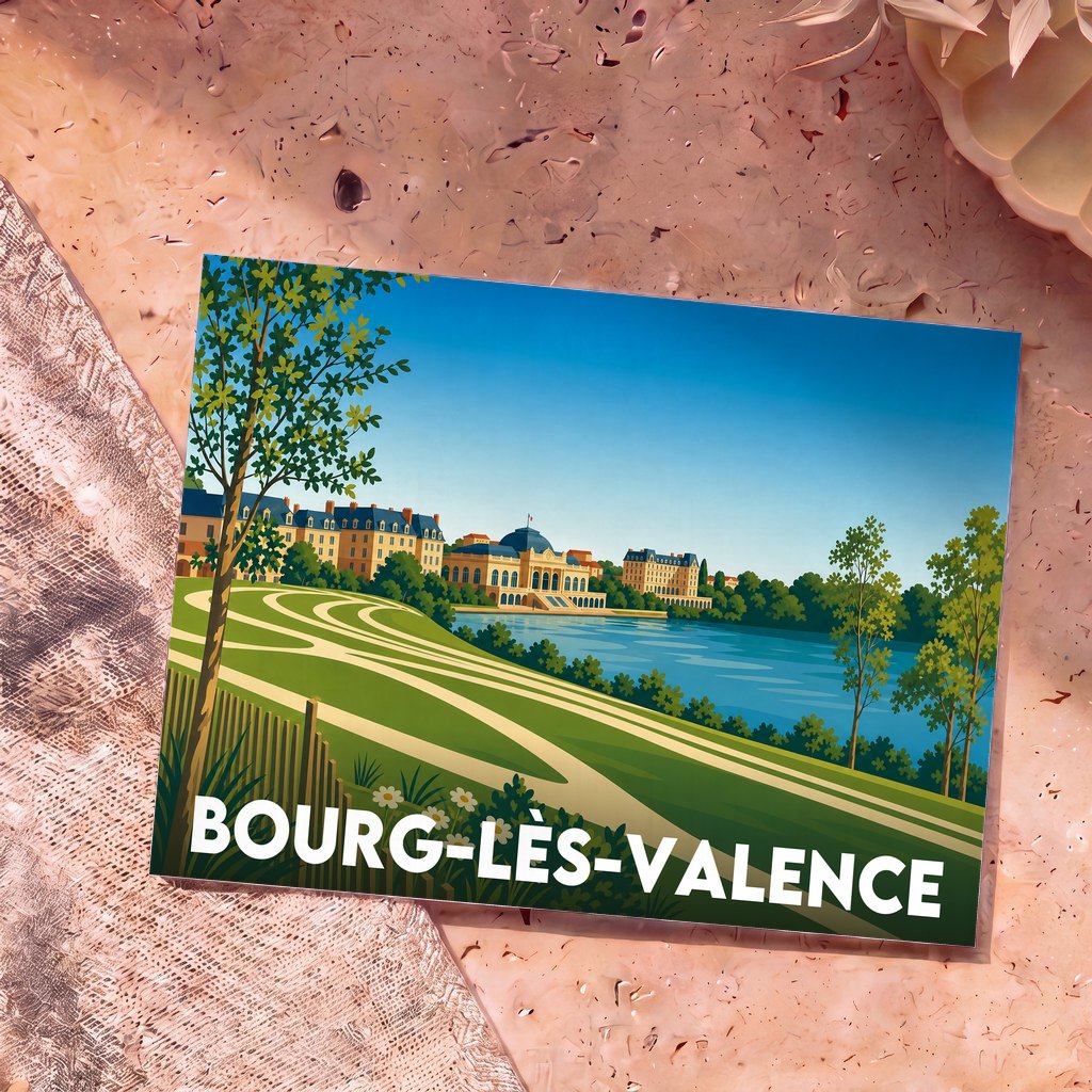 Carte postale souvenir de Bourg-lès-Valence avec une illustration stylisée des bords du Rhône et de son architecture.