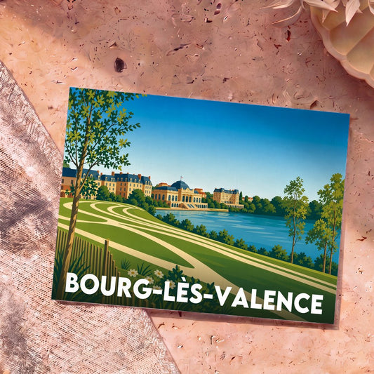 Carte postale souvenir de Bourg-lès-Valence avec une illustration stylisée des bords du Rhône et de son architecture.