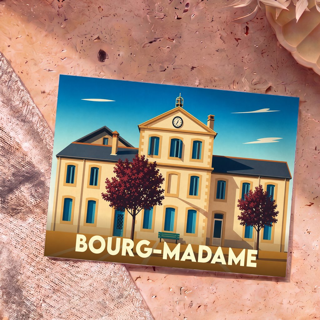 Carte postale souvenir de la ville de Bourg-Madame avec une illustration stylisée de sa mairie.