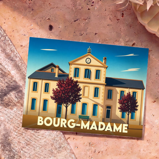 Carte postale souvenir de la ville de Bourg-Madame avec une illustration stylisée de sa mairie.
