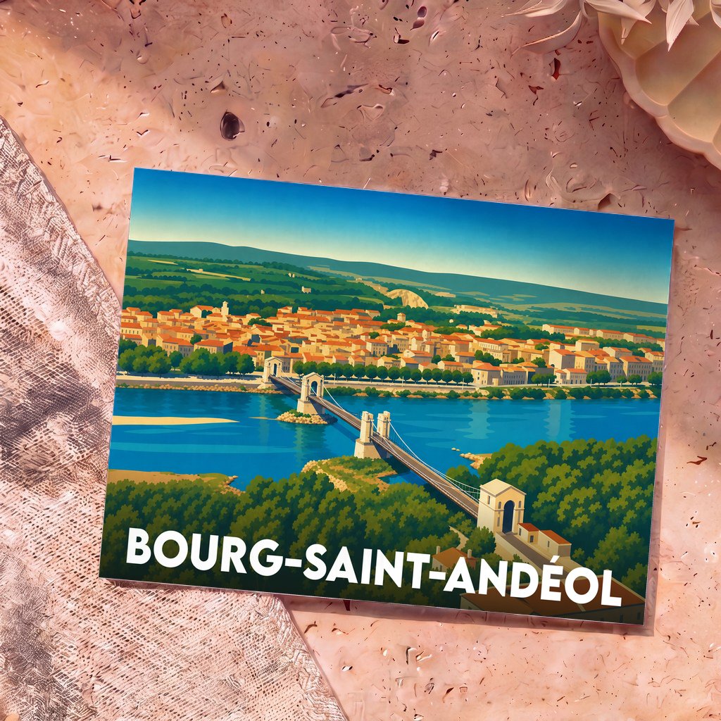 Carte postale souvenir de la ville de Bourg-Saint-Andéol avec une illustration stylisée de son pont suspendu et du Rhône.