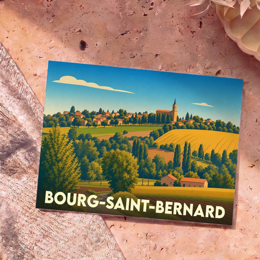 Carte postale souvenir de la ville de Bourg-Saint-Bernard avec une illustration stylisée de son paysage vallonné.