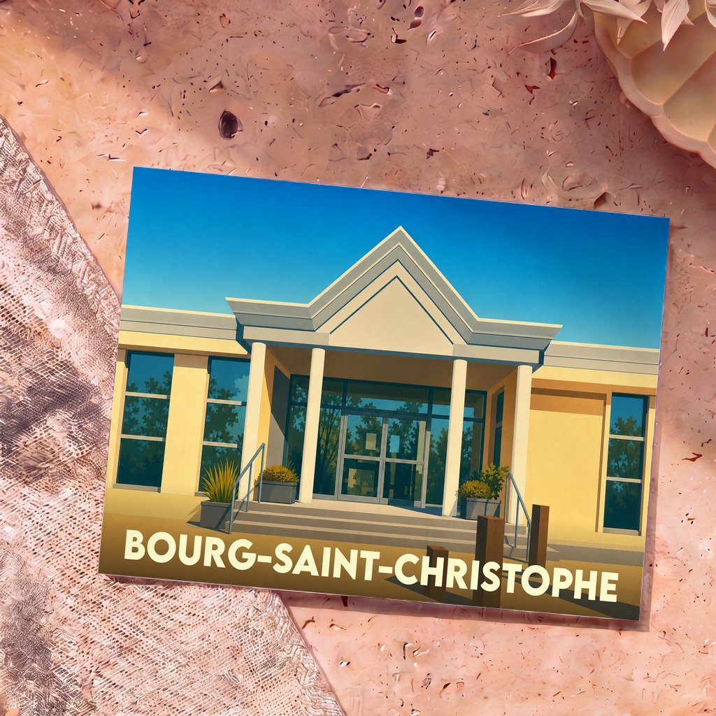 Carte postale souvenir de la ville de Bourg-Saint-Christophe avec une illustration stylisée d'un bâtiment moderne.
