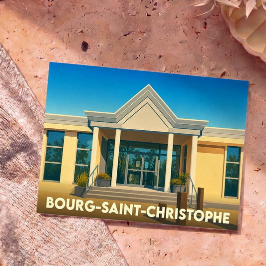 Carte postale souvenir de la ville de Bourg-Saint-Christophe avec une illustration stylisée d'un bâtiment moderne.