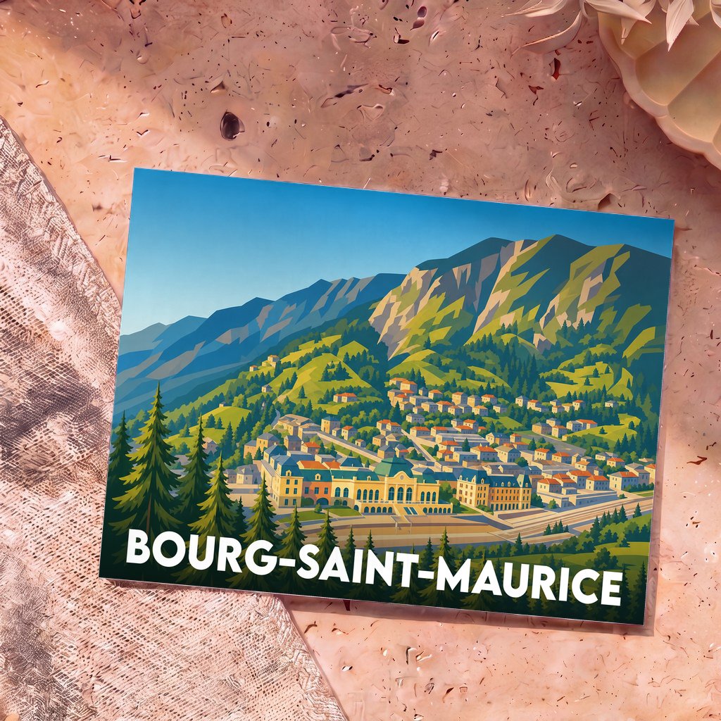 Carte postale souvenir de Bourg-Saint-Maurice avec une illustration stylisée de la ville et des montagnes environnantes.