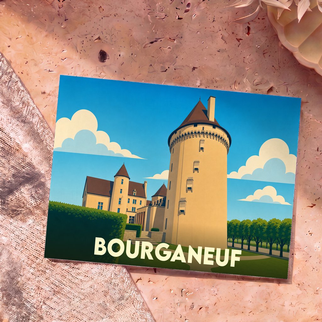 Carte postale souvenir de la ville de Bourganeuf avec une illustration stylisée de son château.
