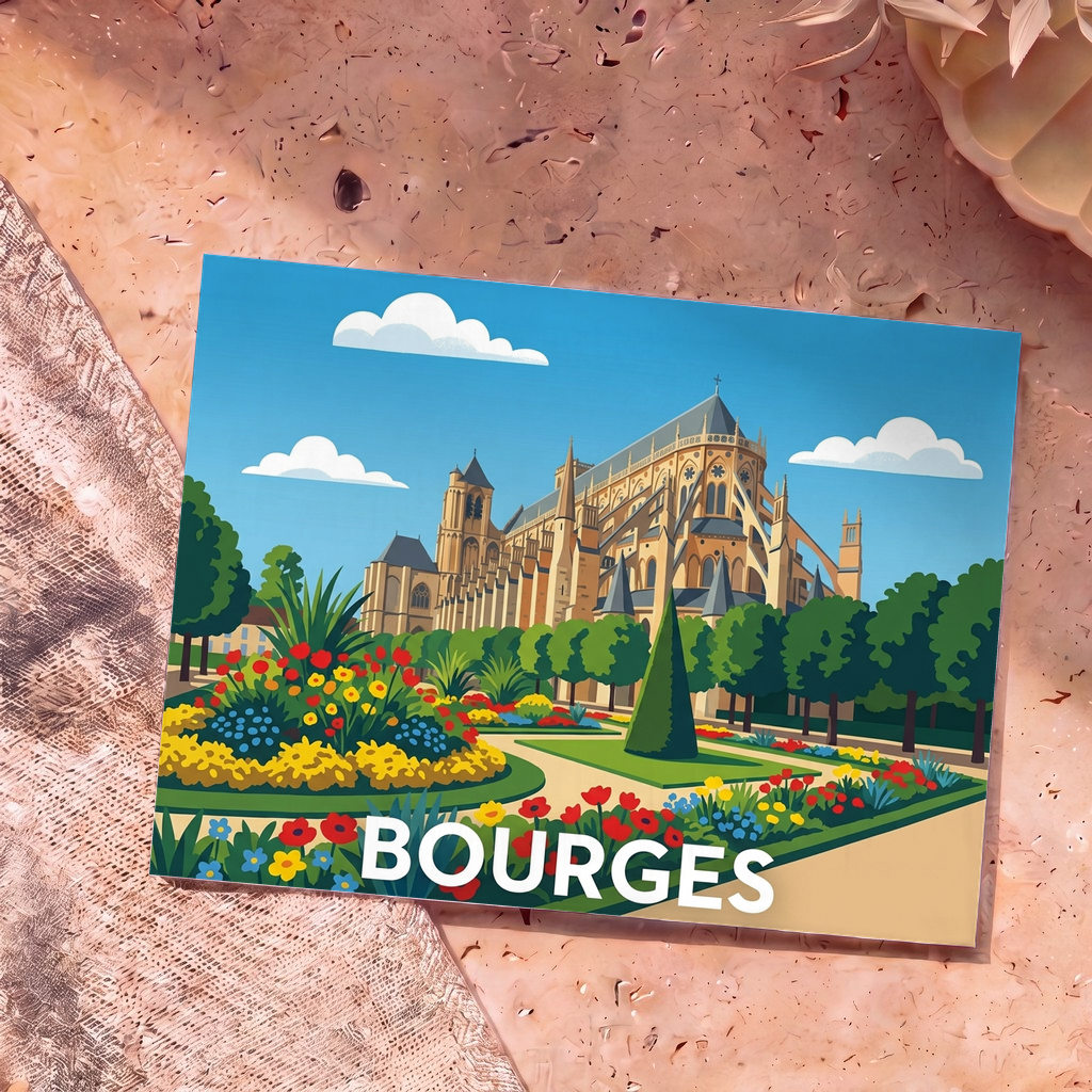 Carte postale souvenir de la ville de Bourges avec une illustration colorée et stylisée de sa cathédrale et ses jardins.