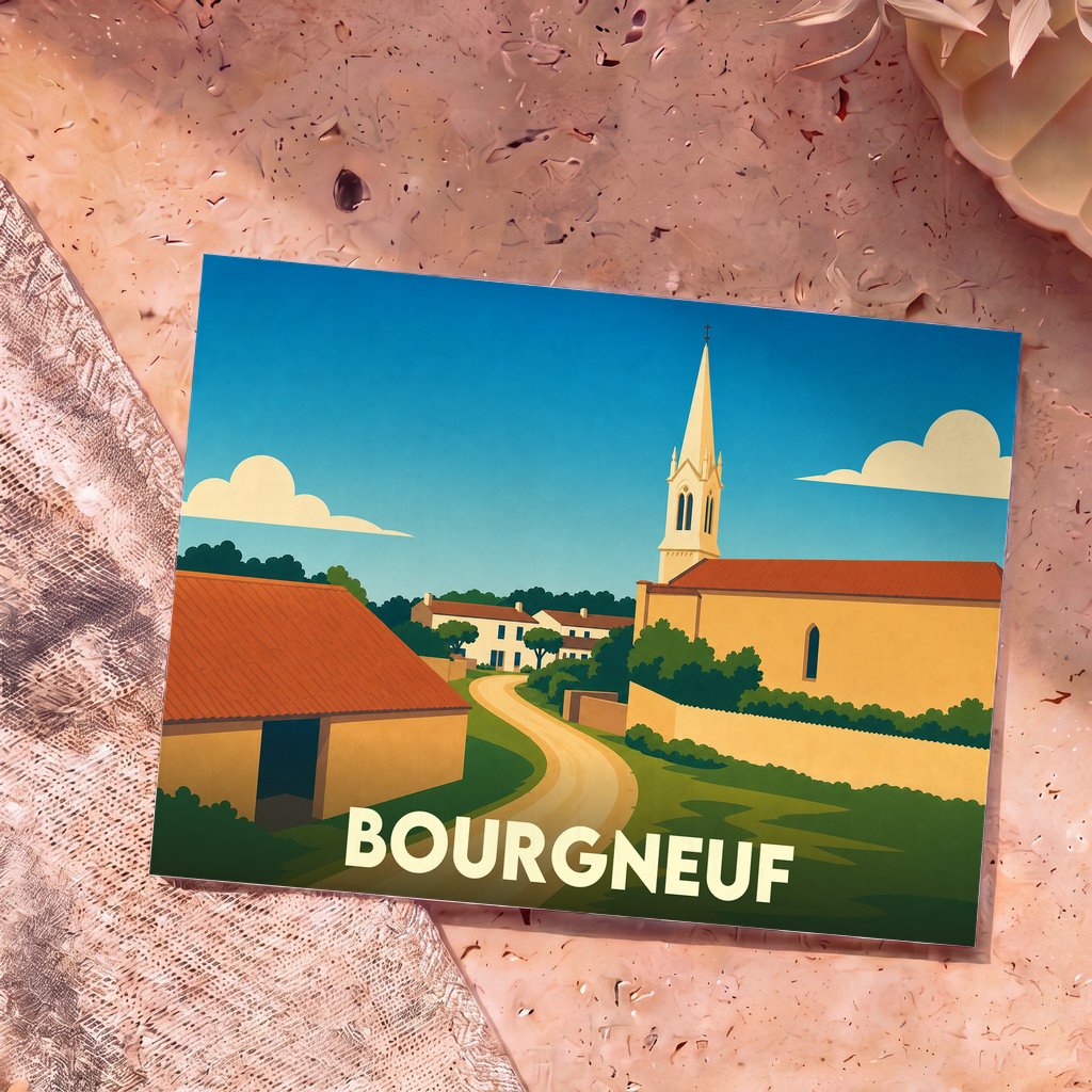 Carte postale souvenir de la ville de Bourgneuf avec une illustration stylisée d'un village français.