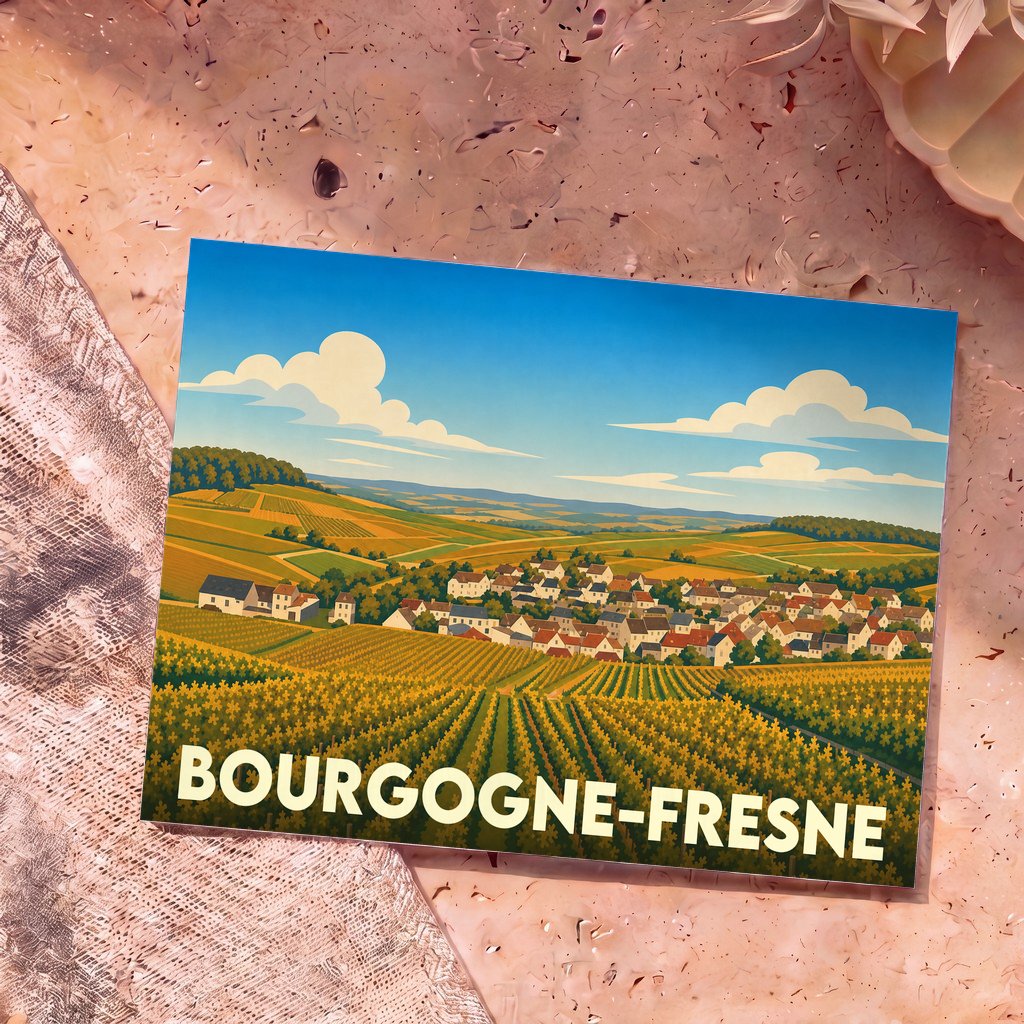 Carte postale souvenir de Bourgogne-Fresne avec une illustration stylisée de son village et de ses vignobles.