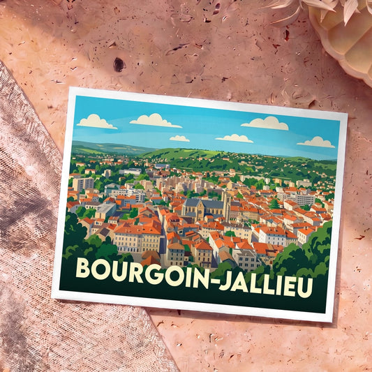 Carte postale souvenir de la ville de Bourgoin-Jallieu avec une illustration stylisée et colorée.