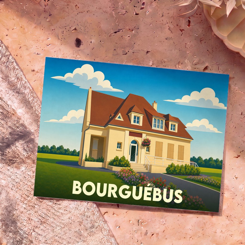 Carte postale souvenir de la ville de Bourguébus illustrée d'un dessin stylisé d'une maison normande.