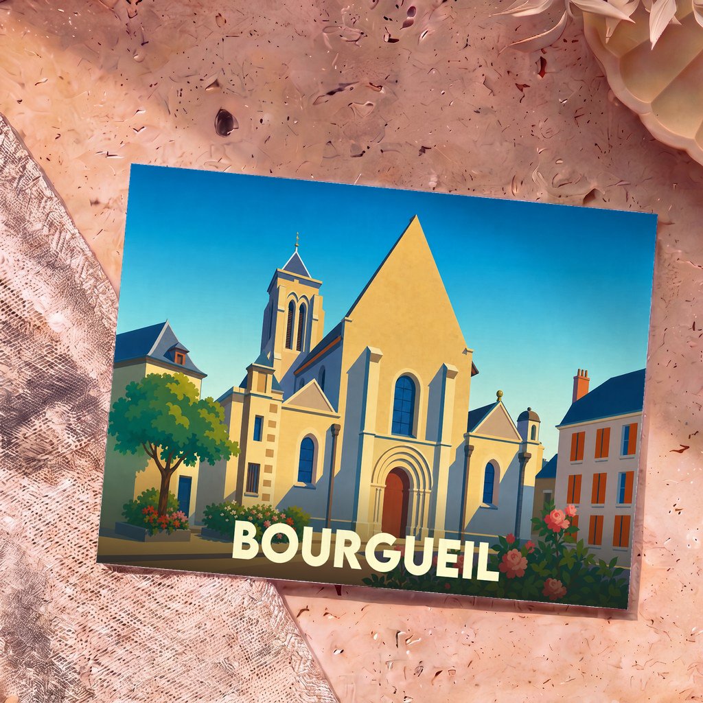 Carte postale souvenir de la ville de Bourgueil présentant une illustration stylisée et colorée de son église sous un ciel bleu.