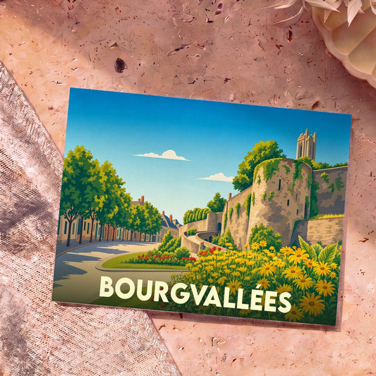 Carte postale souvenir de la ville de Bourgvallées avec une illustration stylisée de ses remparts fleuris.