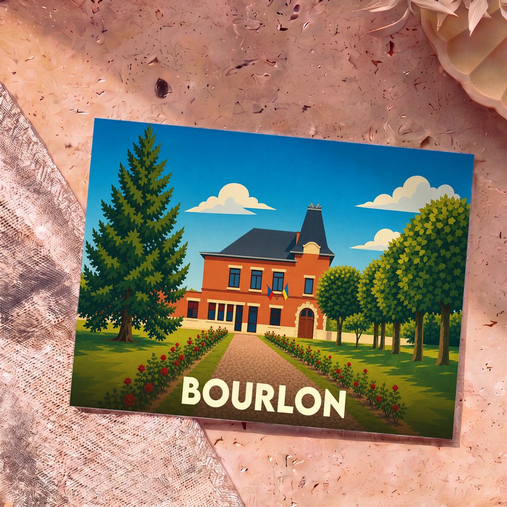 Carte postale souvenir de la ville de Bourlon avec une illustration stylisée d'une bâtisse en briques entourée de jardins.
