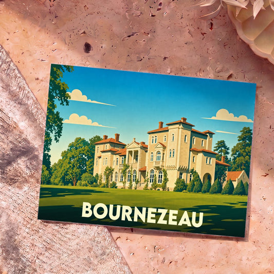 Carte postale souvenir de la ville de Bournezeau illustrant un château majestueux dans un style graphique épuré.