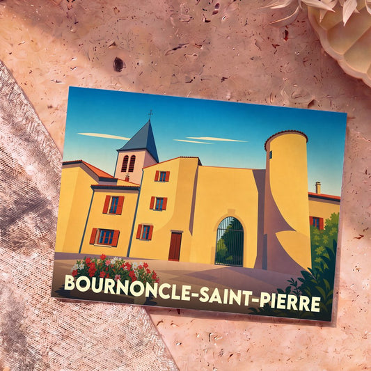 Carte postale souvenir de la ville de Bournoncle-Saint-Pierre avec une illustration stylisée de ses bâtiments historiques.