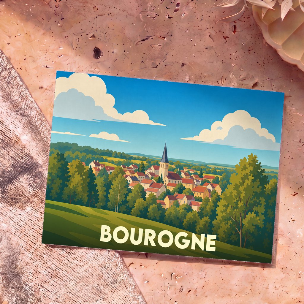 Carte postale souvenir de la région de Bourgogne avec une illustration stylisée d'un village pittoresque niché dans la verdure.