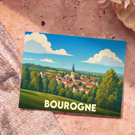 Carte postale souvenir de la région de Bourgogne avec une illustration stylisée d'un village pittoresque niché dans la verdure.