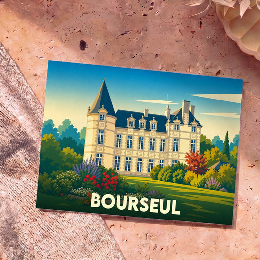 Carte postale souvenir de la ville de Bourseul illustrant un château entouré de jardins fleuris dans un style épuré.