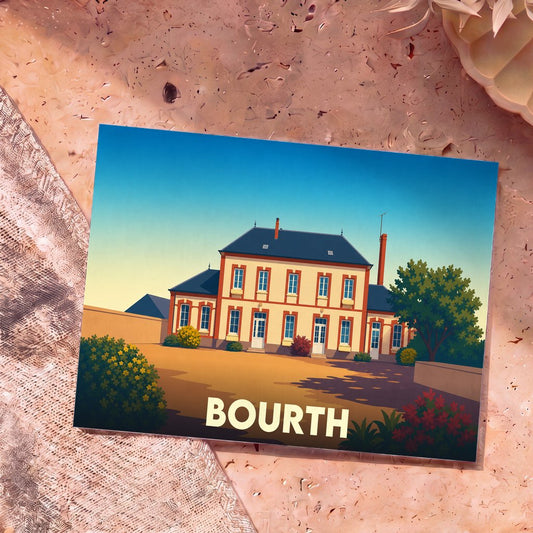 Carte postale souvenir de la ville de Bourth avec une illustration stylisée de son ancienne école.