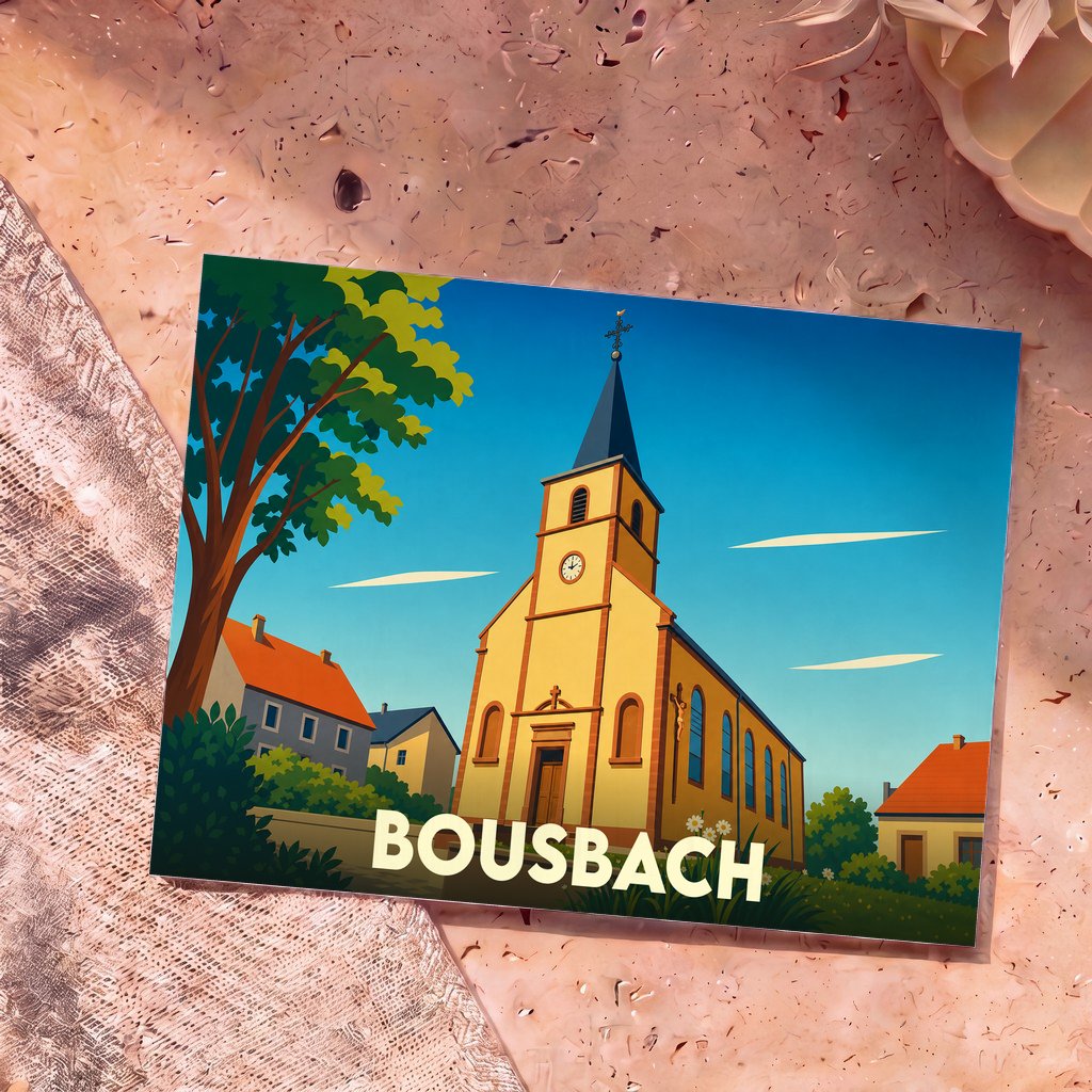 Carte postale souvenir de la ville de Bousbach avec une illustration stylisée de son église.