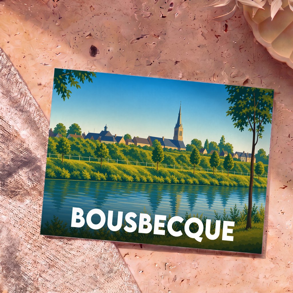 Carte postale souvenir de la ville de Bousbecque avec une illustration stylisée représentant son église en bord de Lys.