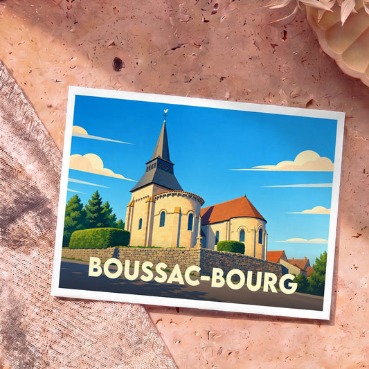Carte postale souvenir de Boussac-Bourg illustrée par un dessin stylisé de son église romane sous un ciel bleu.