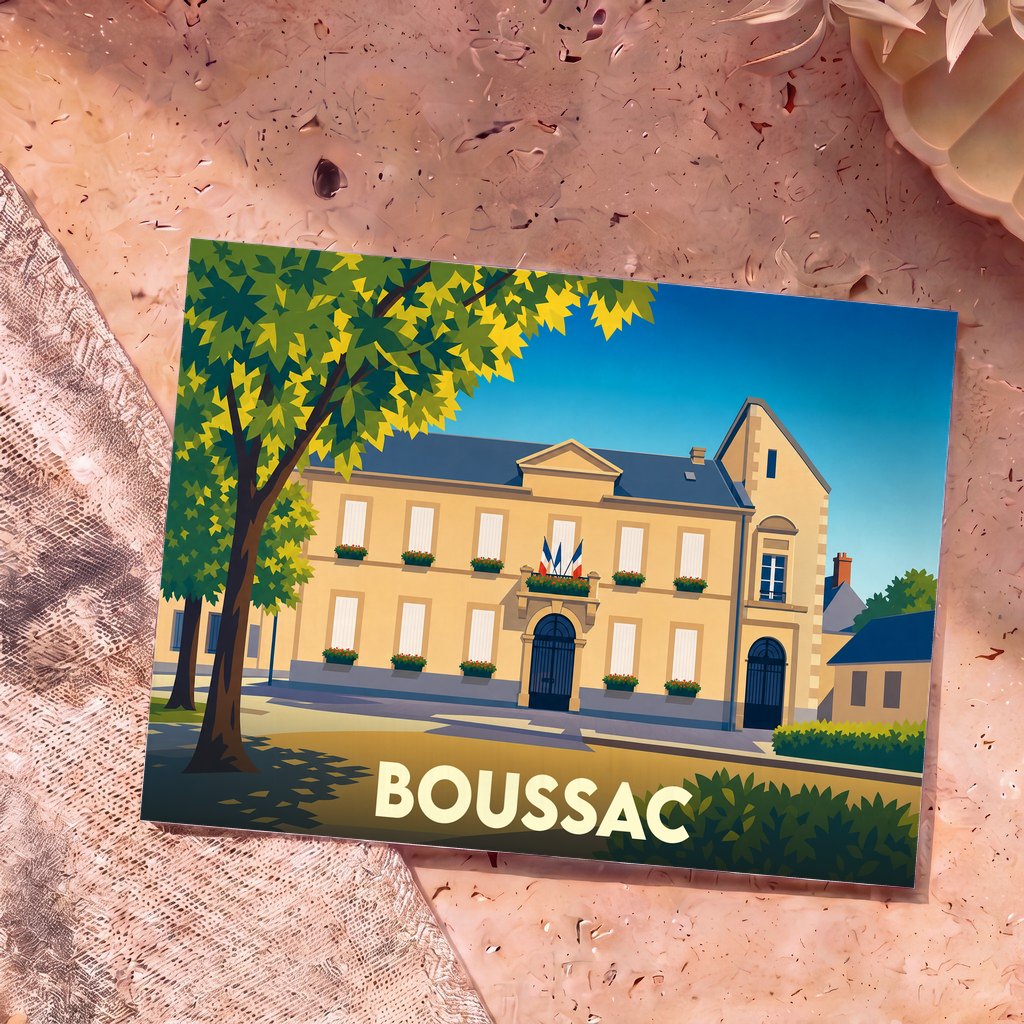 Carte postale souvenir de la ville de Boussac avec une illustration stylisée de son hôtel de ville.