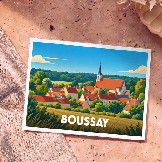 Carte postale souvenir de la ville de Boussay avec une illustration stylisée et colorée.