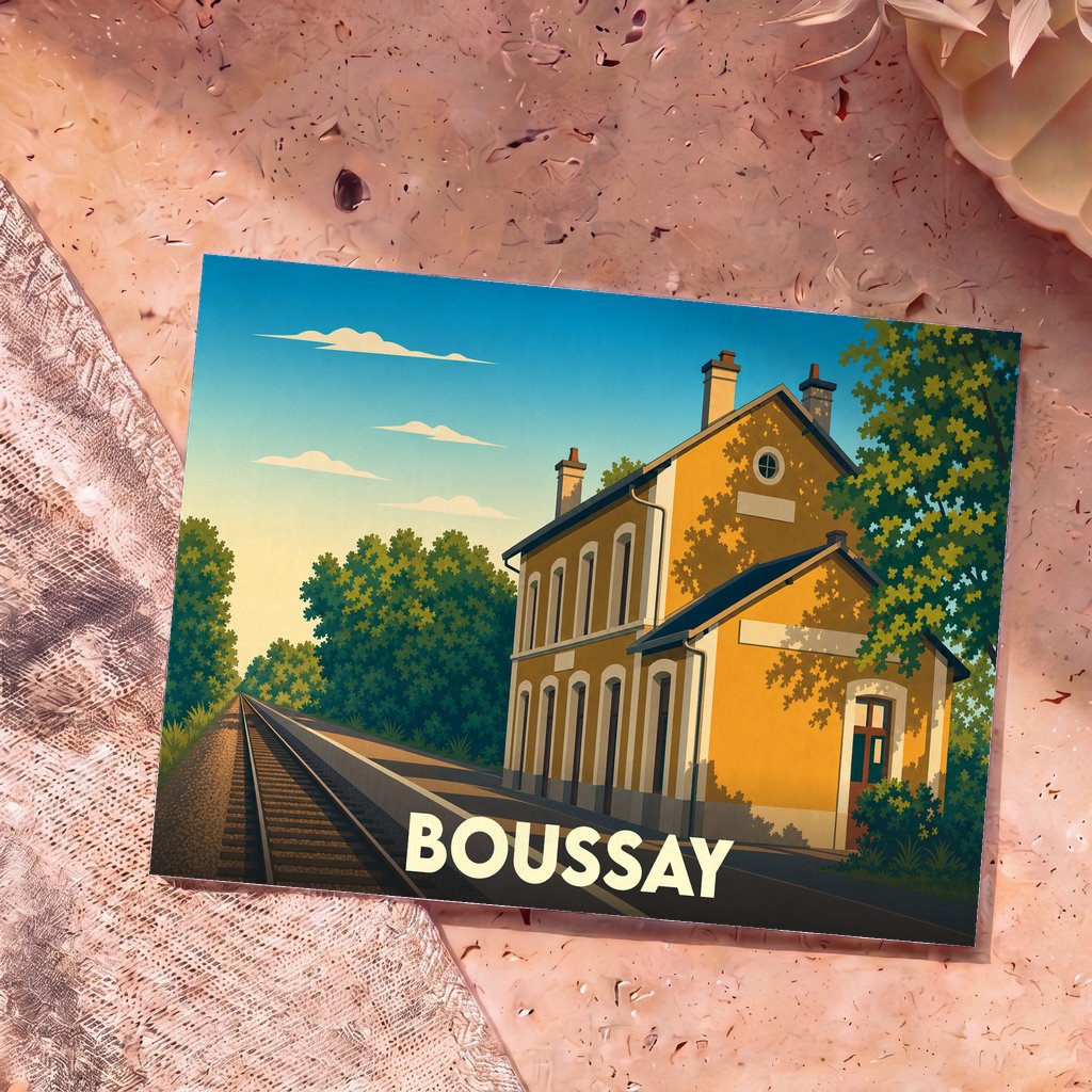 Carte postale souvenir de la ville de Boussay avec une illustration stylisée de sa gare ferroviaire.