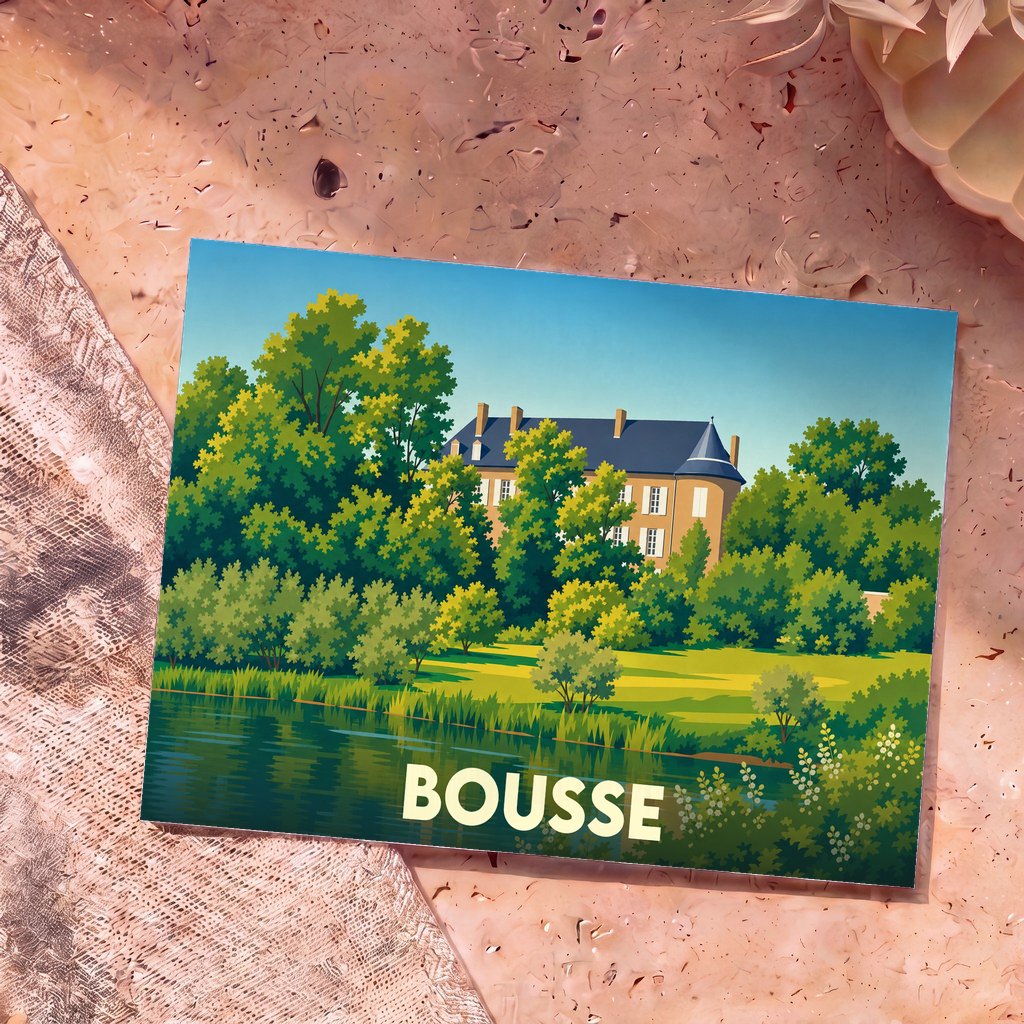 Carte postale souvenir de la ville de Bousse avec une illustration stylisée d'un château entouré de verdure au bord de l'eau.