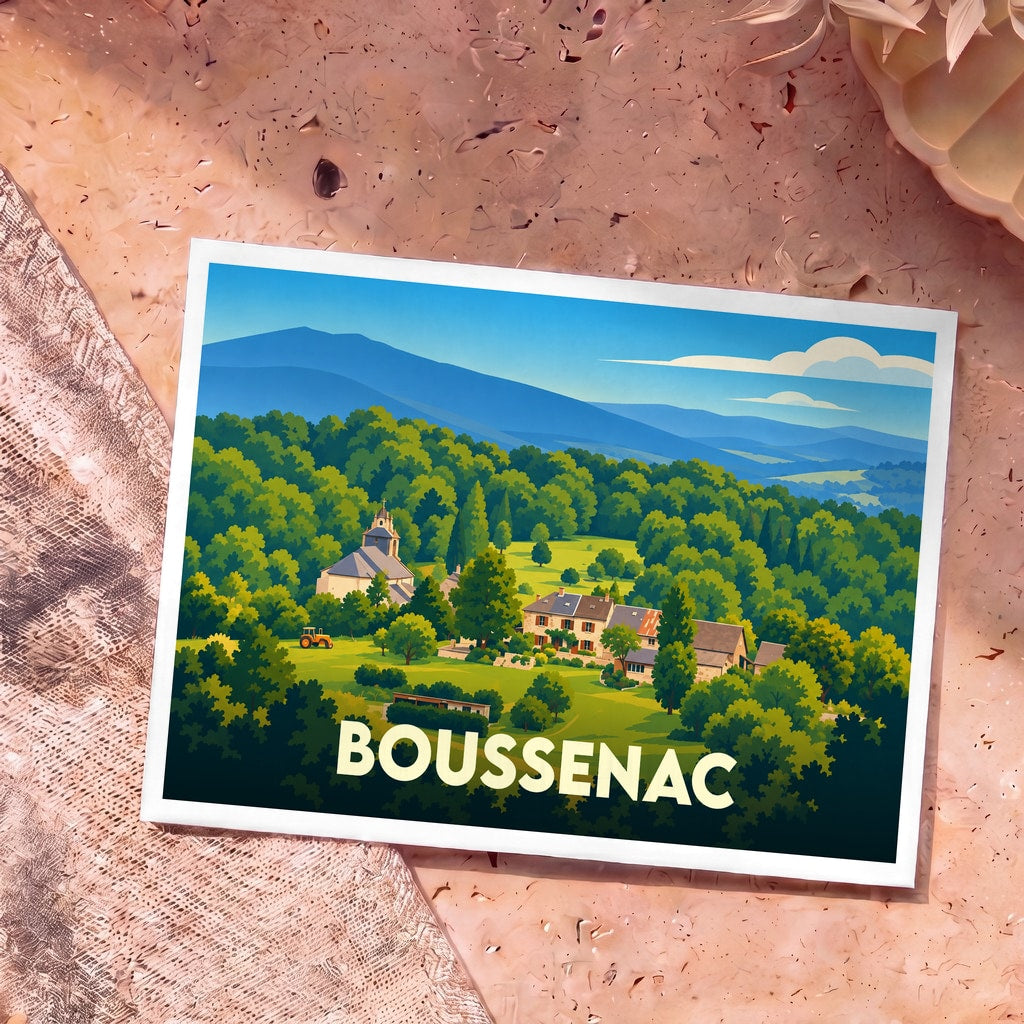 Carte postale souvenir de la ville de Boussenac avec une illustration stylisée d'un village dans un paysage montagneux et verdoyant.